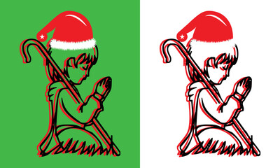 Christmas child's Prayer: A child kneels, hands clasped in prayer. A festive moment of devotion, captured with stark lines and vibrant colors in a graphic illustration.