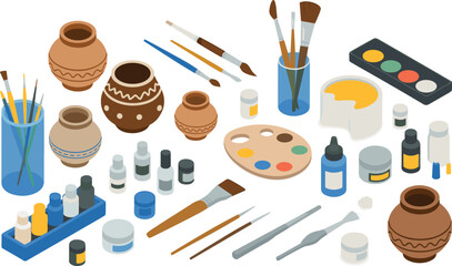 Isometric illustration of pottery making and painting tools including brushes, paint bottles, color palette, ceramic pots, and crafting equipment