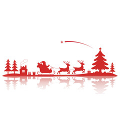 Red Silhouette of Santa in Sleigh with Reindeer Reflection on transparent background
