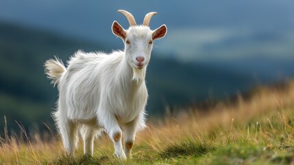 Fototapeta premium Domestic animal with horns stands attentively on a grassy hillside with a blurred natural background.