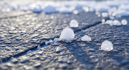 Sleet on pavement with ice pellets scattered on asphalt surface  
