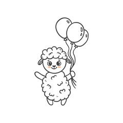Cute cartoon sheep with balloons. Animal sheep in doodle style for greeting card. Happy birthday. Vector illustration