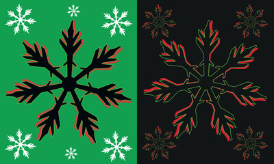 Dual Snowflakes: A captivating split composition showcasing the unique beauty of snowflakes, with one half on a vibrant green backdrop, the other on a deep black.