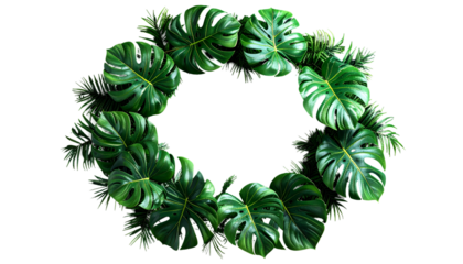 Lush green tropical leaves arranged in a circular wreath against a transparent background