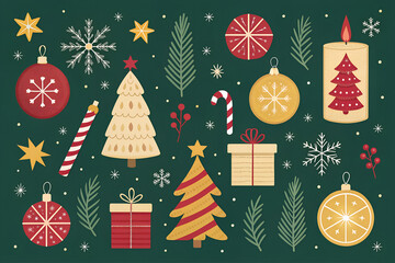Festive christmas collection featuring ornaments trees gifts snowflakes and candy canes