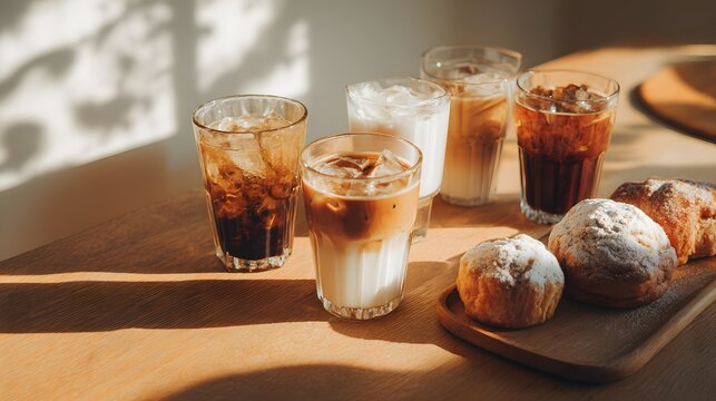 Assortment of iced coffee beverages and pastries arranged on a sunlit wooden surface