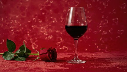 A single glass of red wine and a rose on a red textured background.