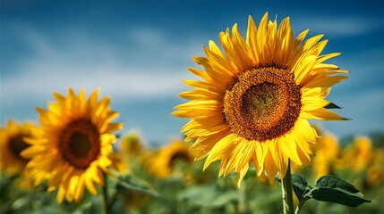 Obraz premium Brilliant yellow sunflowers bloom vibrantly under a clear blue summer sky in a cultivated field