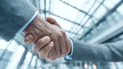 Professional handshake in modern lobby with glass architecture, symbolic of partnership, clean and futuristic business vibe.