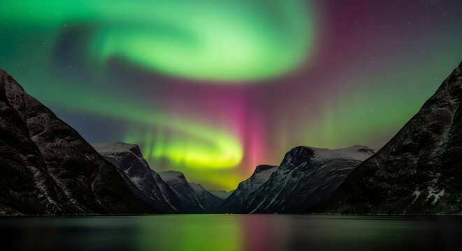A vibrant green and purple aurora borealis dances in the night sky above a tranquil fjord surrounded by dark, silhouetted mountains.