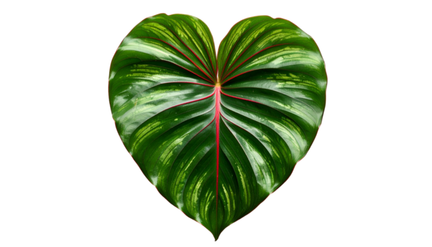 Heart-shaped, vibrant green leaf with red veins, on a stark black background