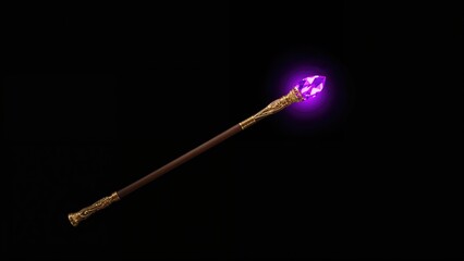 A magic wand with a glowing purple gem at the tip against a black background. Fantasy and magic concept. Mystical and enchanting objects. The concept of magic and spellcasting.