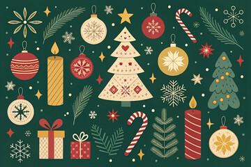 Festive christmas tree ornaments gifts candles candy canes snowflakes and pine branches collection