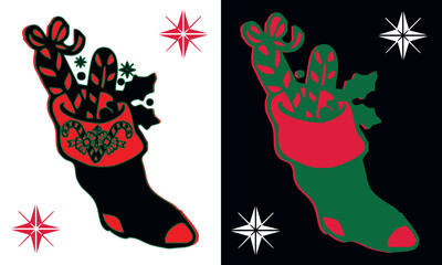 Festive Stocking Ornament: Two vibrant Christmas stockings, filled with traditional treats, sparkle with holiday cheer, set against contrasting backgrounds, showcasing seasonal joy.