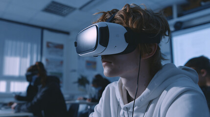 Student learning with VR headset inside modern classroom, futuristic education theme, cinematic composition.