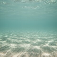 Obraz premium Underwater view in sea green, showing the sandy bottom of the sea, conveying a clear sense of volume and depth in the water column, without objects.