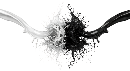 A dynamic clash of black and white paint creates a captivating splash, symbolizing contrast and balance isolated on transparent background
