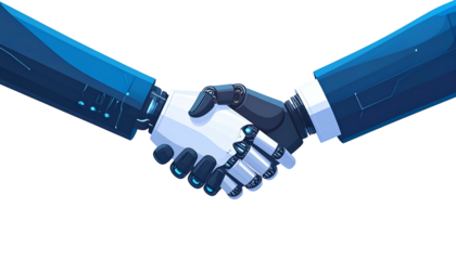 A human and robot hand shake, symbolizing collaboration and partnership