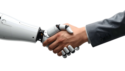 Close-up of human and robot hands shaking, signifying collaboration and future tech