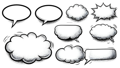 Various white speech bubbles with black outlines and shadows, comic style on black