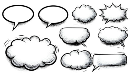 Various white speech bubbles with black outlines and shadows, comic style on black