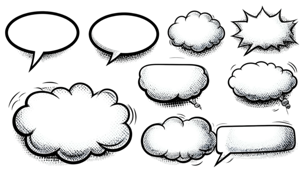 Various white speech bubbles with black outlines and shadows, comic style on black