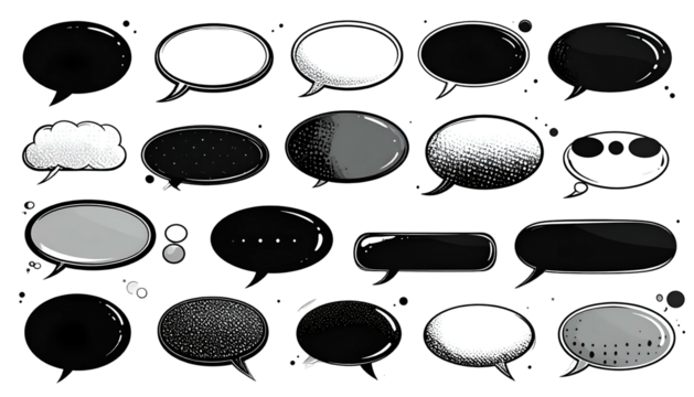 Assorted cartoon speech bubbles in grayscale, some with textures, on a black background