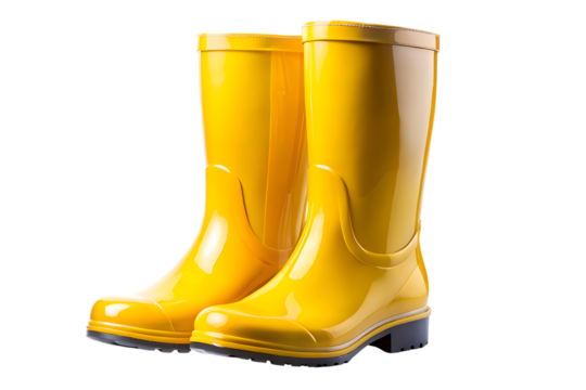 Pair of bright yellow tall rubber rain boots standing side by side isolated on transparent background