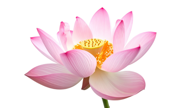 A vibrant pink lotus blossom with layered petals and a yellow center, set on black