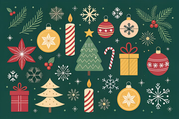 Festive christmas collection with ornaments gifts candles snowflakes and trees on dark green background