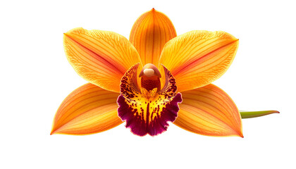 Close-up of a vibrant orange orchid bloom, isolated against a black background
