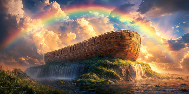 Majestic digital illustration of Noah&rsquo;s Ark resting on a mountain after the Great Flood, vibrant rainbow in the sky symbolizing hope and divine promise.