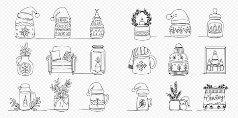 Hand-drawn collection of cozy winter and Christmas themed illustrations featuring jars, mugs, and festive decorations.