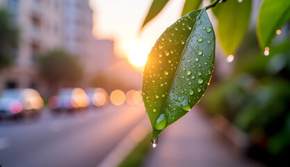 Hurricane aftermath in urban context with sunlight reflecting on wet leaf and blurred city street background creating hopeful mood