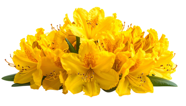 A vibrant cluster of bright yellow flowers with green leaves on a transparent backdrop