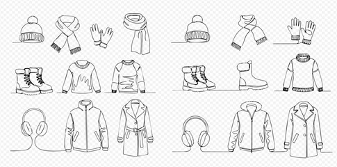 Continuous line art drawing of winter clothing and accessories collection, including hats, scarves, gloves, boots, sweaters, jackets, and coats. © Lunara Arts