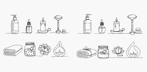 Minimalist continuous line art illustration of various spa, beauty, and wellness items for self-care and relaxation, including bottles, candles, and massage tools.