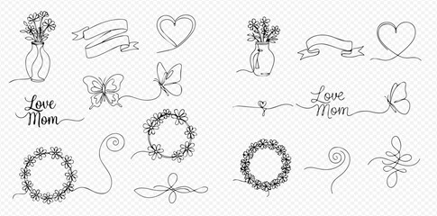 A collection of elegant continuous line art elements for Mother's Day, including flowers, hearts, butterflies, banners, and decorative frames.