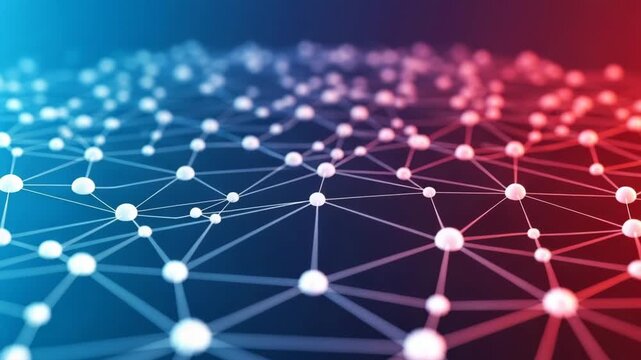 Abstract network of glowing spheres connected by lines transitioning from blue to red digital
