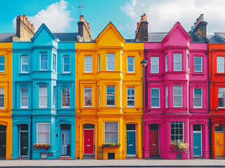 Fototapeta premium Vibrant urban landscape of Notting Hill, London, featuring colorful houses, neat symmetry, and minimalist architectural beauty in soft sunlight.