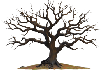 Leafless old spooky tree with twisted branches, isolated on a white or transparent PNG background. Perfect for Halloween designs, horror themes, fantasy art, and eerie digital compositions.