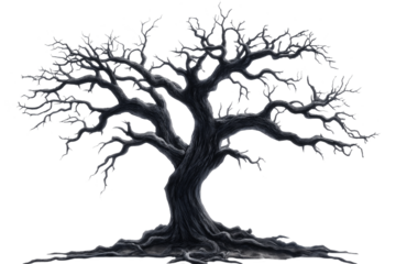 Leafless old spooky tree with twisted branches and eerie form, isolated on a white or transparent PNG background. Ideal for Halloween art, horror scenes, fantasy designs, and dark forest concepts.