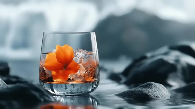 Glass containing amber liquid, ice, and bright orange blossom resting on wet rocks with blurred mountain background