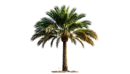 Isolated image of a palm tree, green fronds, brown trunk, on a black background