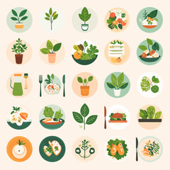 A colorful collection of flat vector icons illustrating a healthy lifestyle with vegetarian food and houseplants.