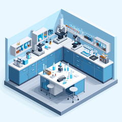 Detailed isometric modern science laboratory with microscopes beakers and blue cabinets.