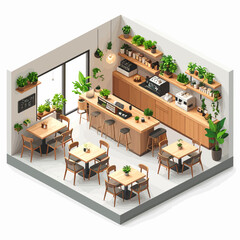 Isometric View of Modern Cafe Interior with Wooden Furniture and Greenery Decorations.