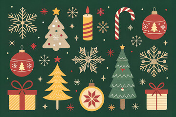 Festive christmas collection with ornaments trees snowflakes gifts and candle