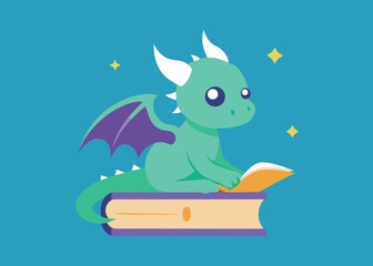 Cute dragon reading a book