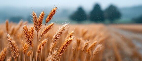 Golden Wheat Field Close Up in Soft Morning Light With Blurry Trees in Background